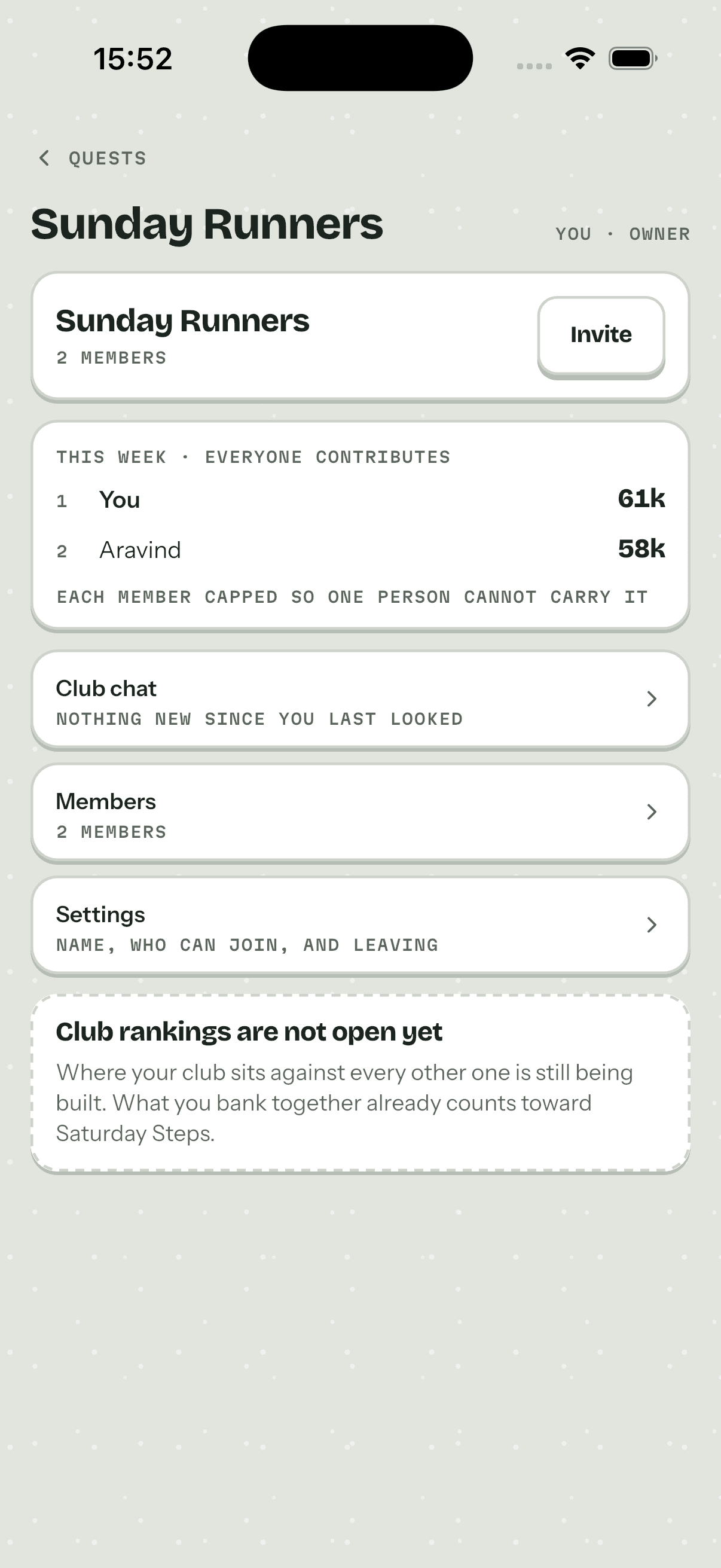 The complete Sunday Runners club screen in STREEQ.