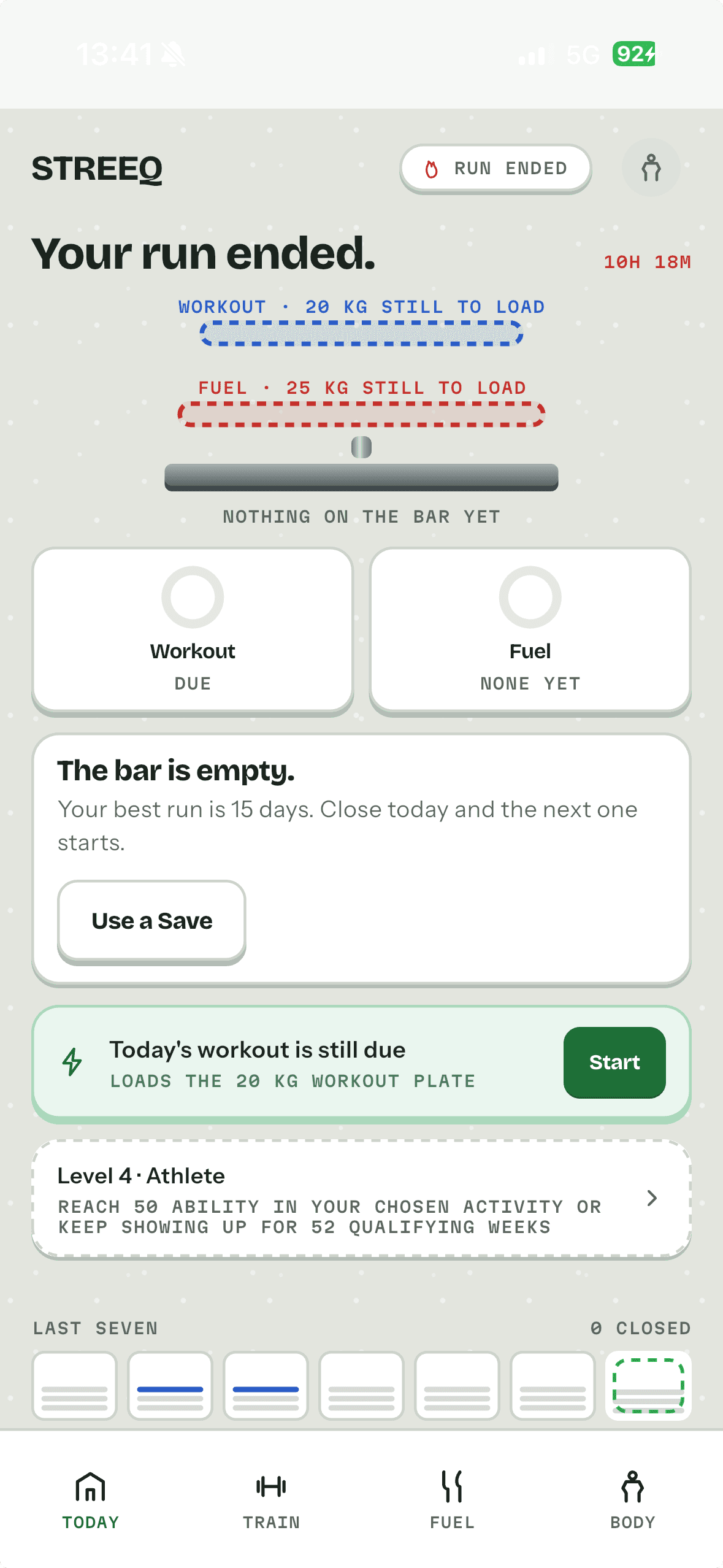 A complete STREEQ Today screen after a run, showing the daily bar, current actions, a 15 day best run, Level 4 progress and the last seven days.